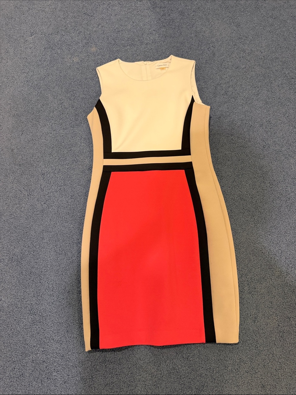 Calvin Klein Colorblock Sheath Dress in Coral, Cream & Tan with Black Trim